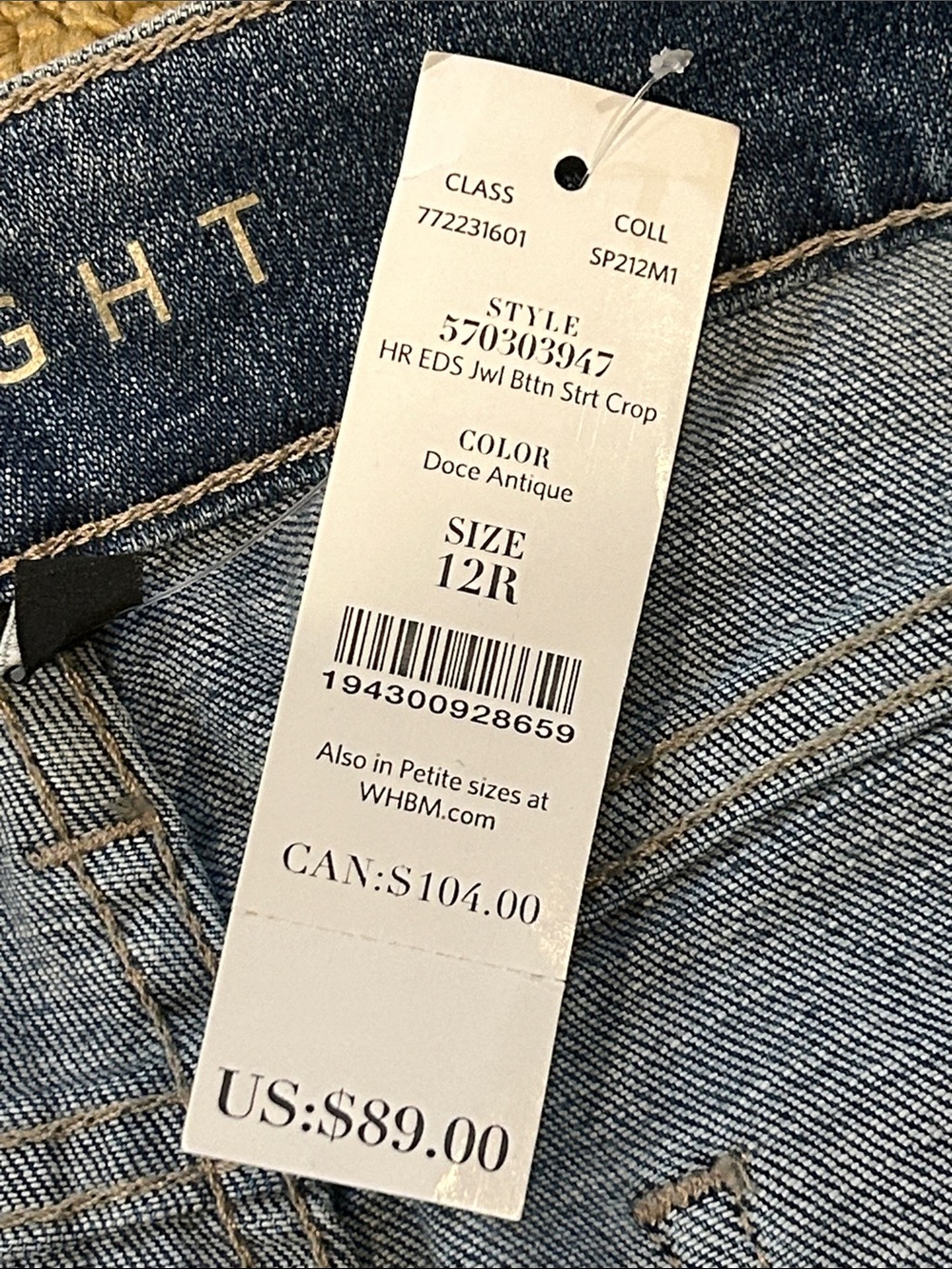 WHBM The Everyday Soft High Rise Straight Crop Jean size 12 Patch Pockets FLAW - Picture 8 of 16